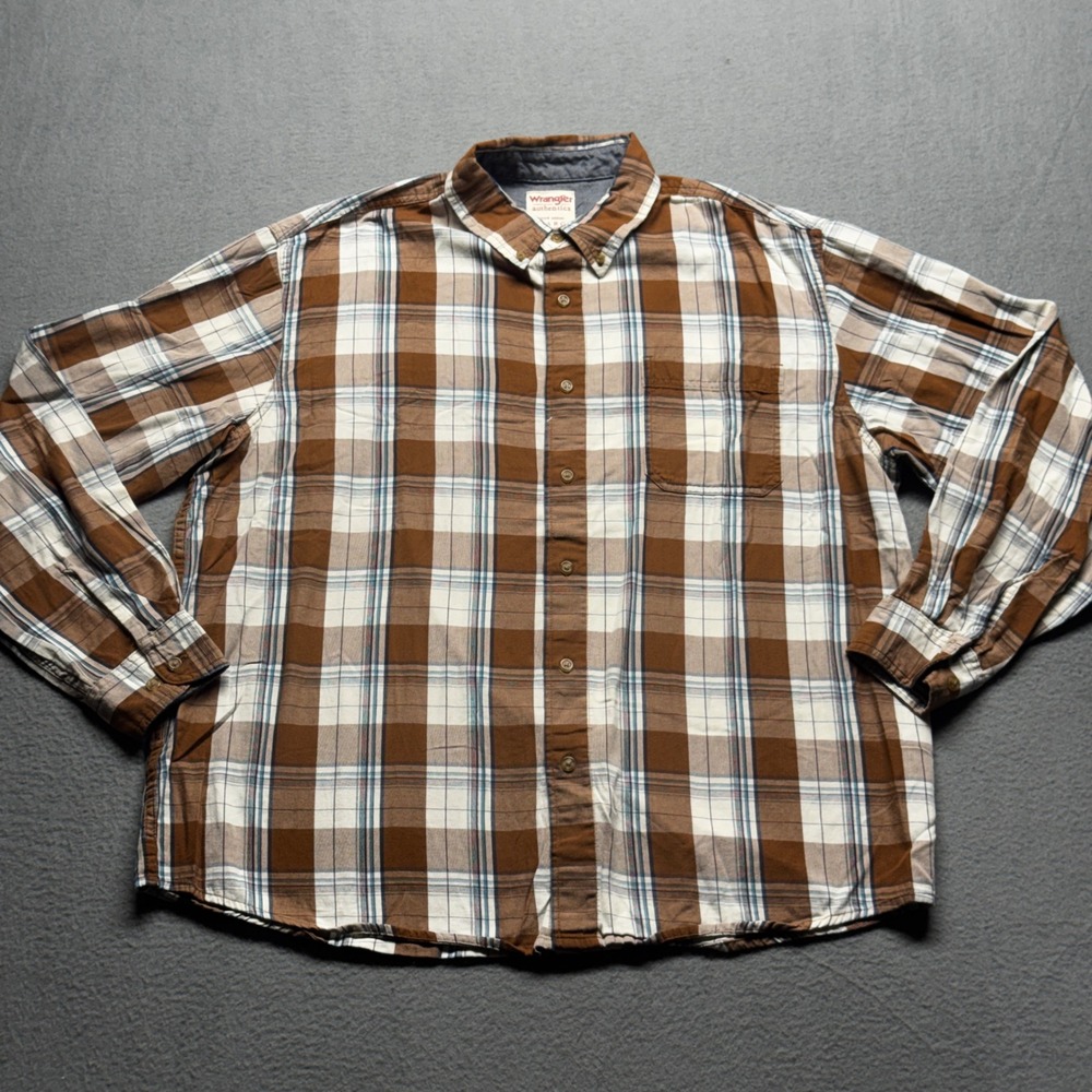 Wrangler Authentics Mens XL Brown Plaid Long Sleeve Cotton Button Down Shirt